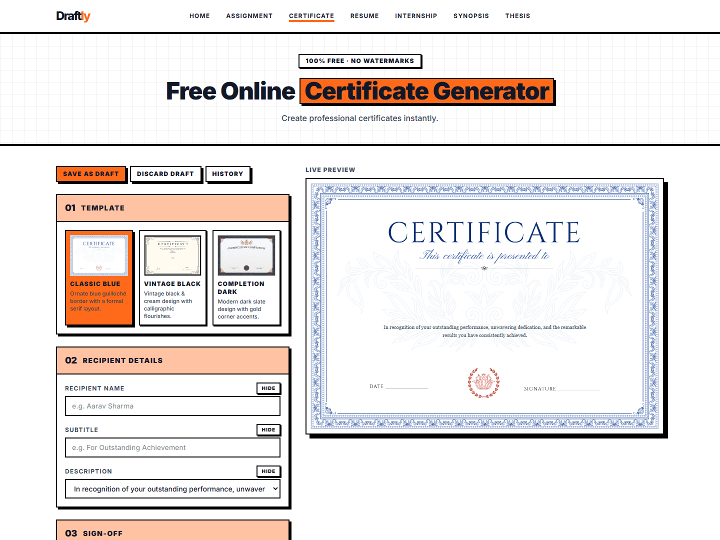 Certificate generator page with live preview
